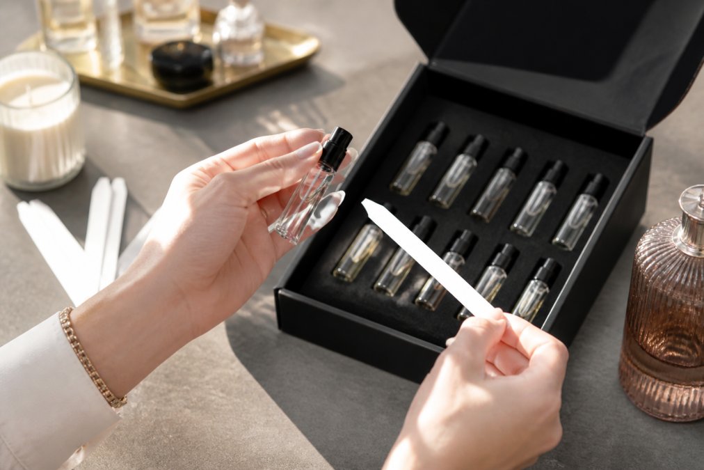Assorted perfume sample vials and travel sprays arranged on a neutral surface, representing authentic fragrance sampling at Pocket Scent ATL