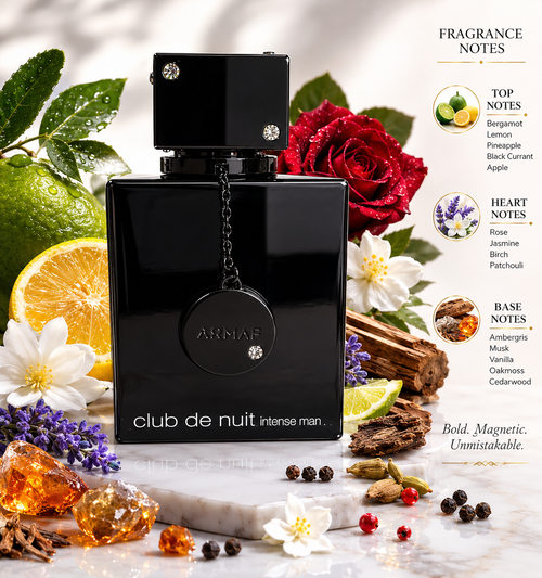 Black Armaf Club de Nuit Intense Man perfume bottle with floral and fruit elements on a marble surface. Everyday Fragrance, Men's Cologne, Best Cologne for Men