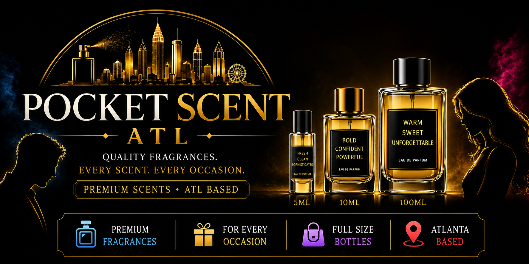 Pocket Scent ATL perfume bottles with a dark background and cityscape.