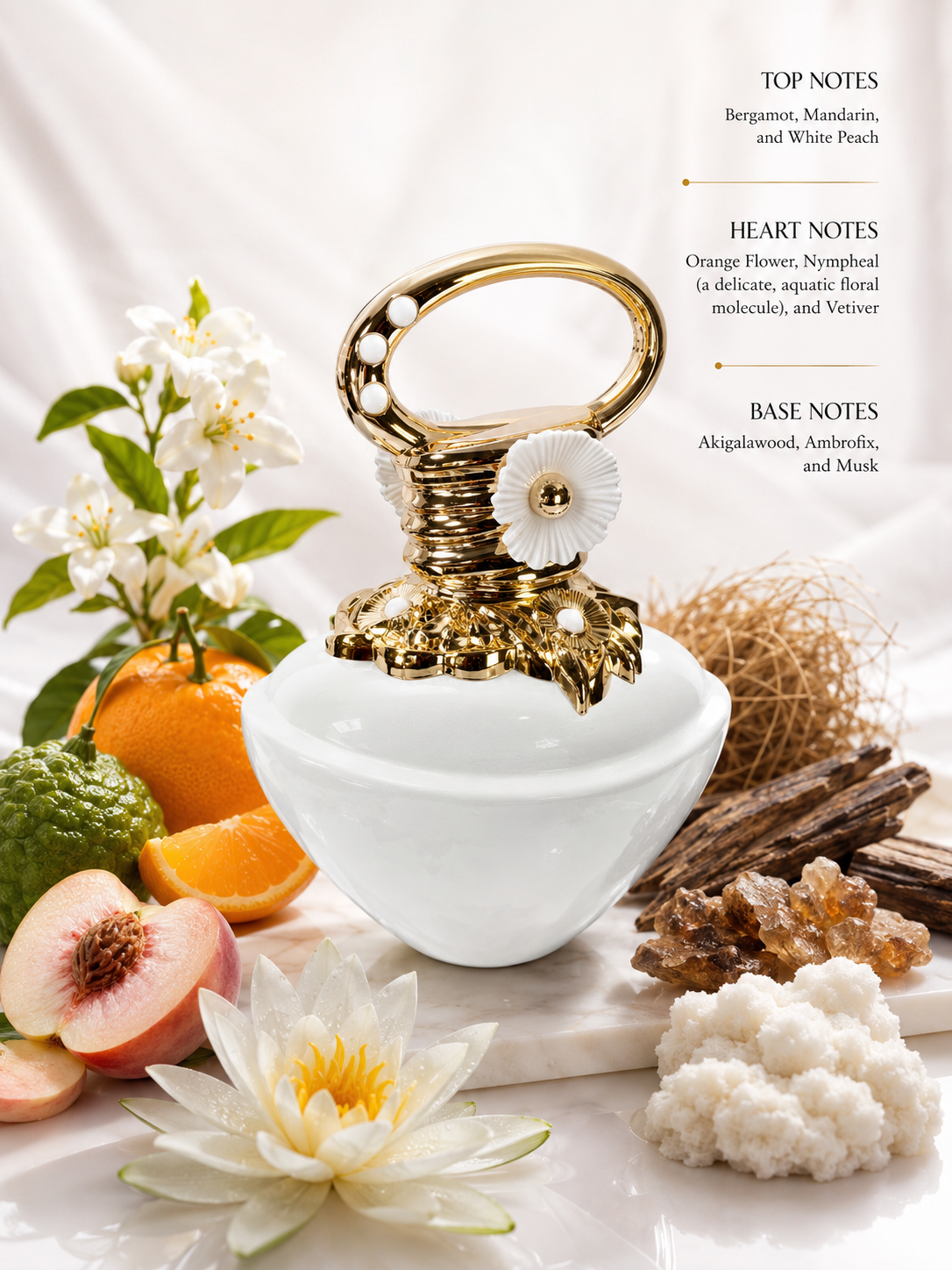 White perfume bottle with gold accents on a white background with flowers and fruits. Women's Perfume Date Night Perfume Travel Size Fragrance Long Lasting Cologne Decant Perfaum