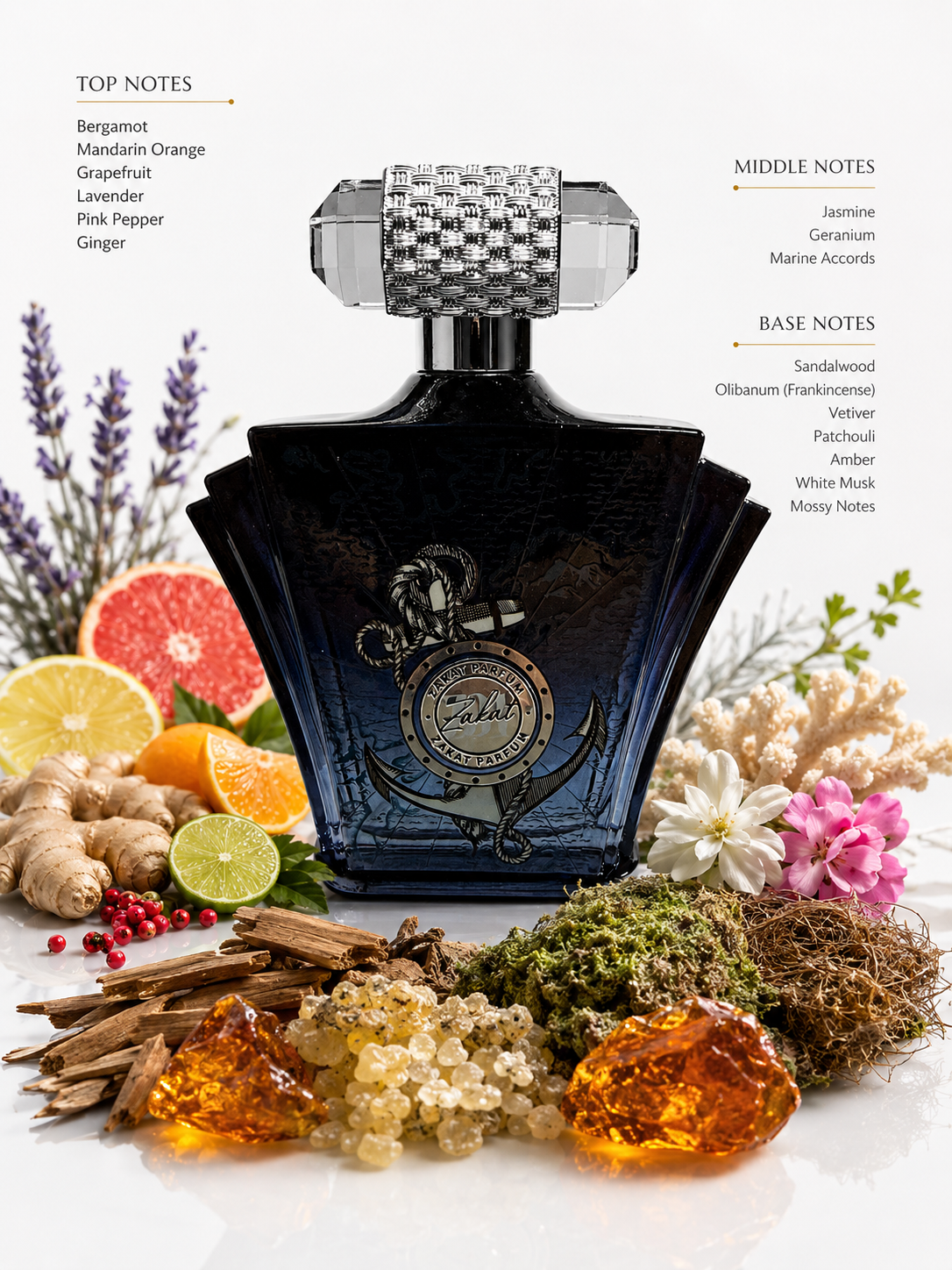 Perfume bottle with ingredients and notes displayed on a white background. Men's Cologne Best Cologne for Men Men's Fragrance Date Night Cologne Everyday Fragrance