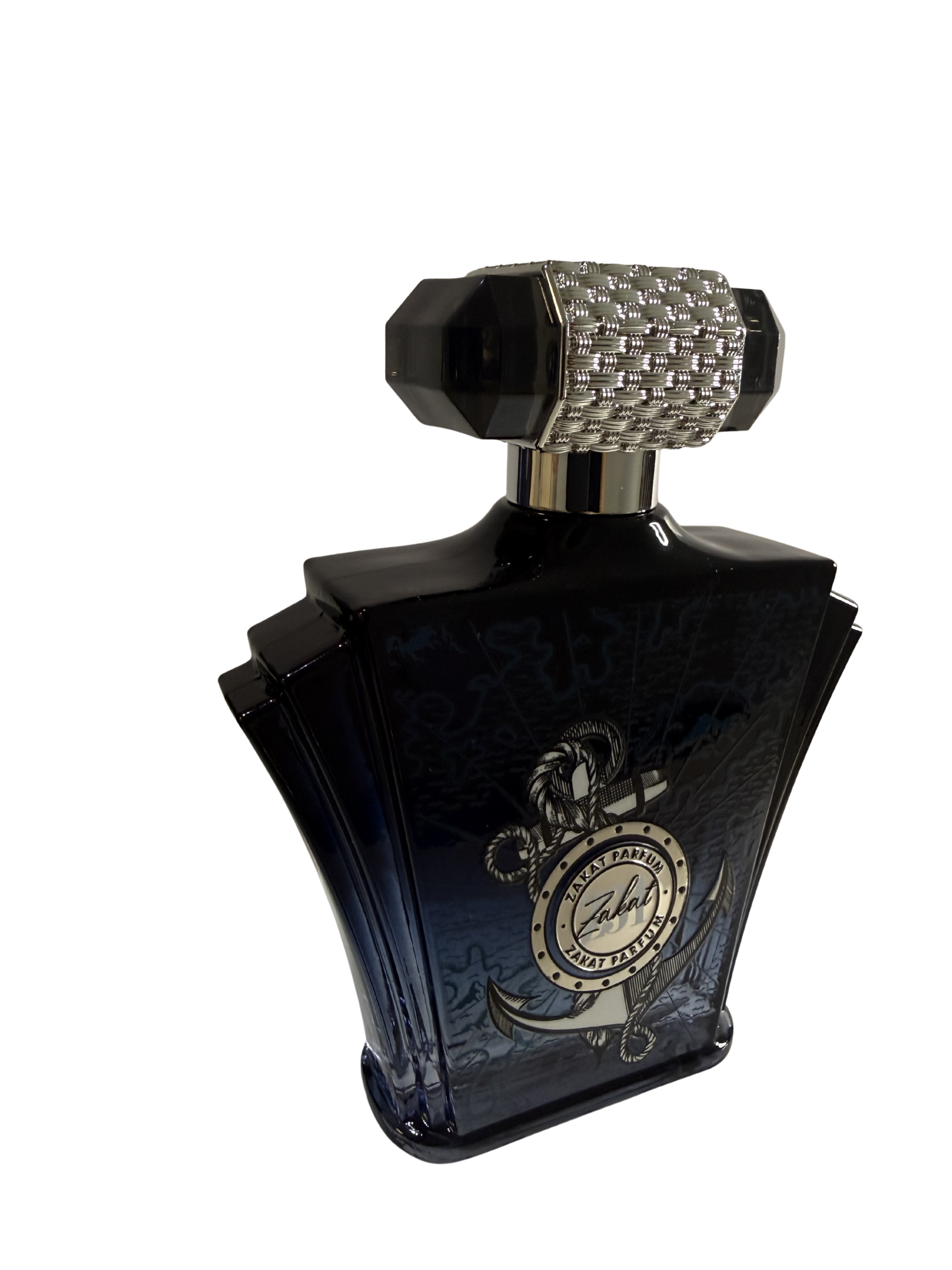 Black perfume bottle at an angle with decorative cap on a white background. Men's Cologne Best Cologne for Men Men's Fragrance Date Night Cologne Everyday Fragrance