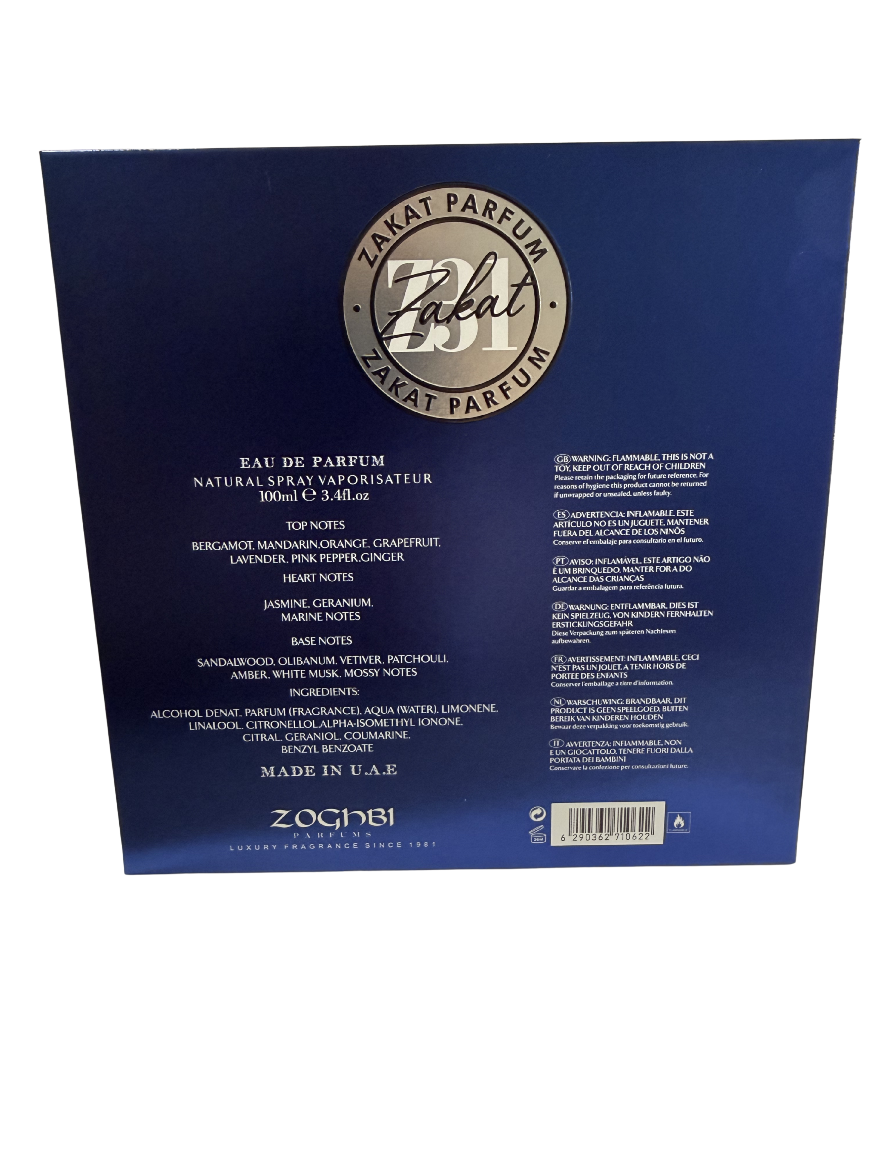 Zakat Parfum bottle label with product details on a blue background. Men's Cologne Best Cologne for Men Men's Fragrance Date Night Cologne Everyday Fragrance